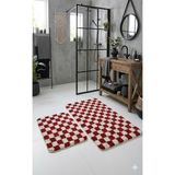 Eurobano Chess Dama Desen 2'li Banyo Paspası Kemik-Kırmızı 60X100 60X50 cm Yıkanabilir Lateks Kaymaz Taban - Bordo