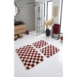 Eurobano Chess Dama Desen 2'li Banyo Paspası Kemik-Kırmızı 80X50 50X40 cm Yıkanabilir Lateks Kaymaz Taban - Ekru