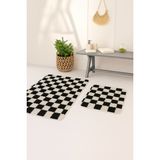 Eurobano Chess Dama Desen 2'li Banyo Paspası Kemik-Siyah 80X50 50X40 cm Yıkanabilir Lateks Kaymaz Taban - Krem - Siyah