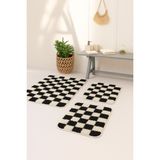 Eurobano Chess Dama Desen 3'lü Banyo Paspası Kemik-Siyah 60X100 60X50 60X50 cm Yıkanabilir Lateks Kaymaz Taban