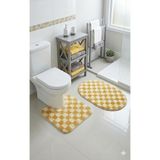 Eurobano Chess Dama Desen Lateks Kaymaz Taban Makinede Yıkanabilir 2'li Bohem Oval Banyo Paspası 60X100 60X50 - Kemik - Hardal