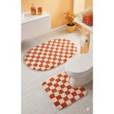 Eurobano Chess Dama Desen Lateks Kaymaz Taban Makinede Yıkanabilir 2'li Bohem Oval Banyo Paspası 60X100 60X50 - Kemik - Somon