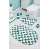 Eurobano Chess Dama Desen Lateks Kaymaz Taban Makinede Yıkanabilir 2'li Bohem Oval Banyo Paspası 60X100 60X50 - Kemik - Turkuaz