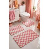 Eurobano Chess Dama Desen Lateks Kaymaz Taban Makinede Yıkanabilir 3'lü Banyo Paspası 60X100 60X50 60X50 cm - Kemik - Pembe