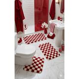 Eurobano Chess Dama Desen Lateks Kaymaz Taban Makinede Yıkanabilir 3'lü Banyo Paspası 60X100 60X50 60X50 cm - Kırmızı
