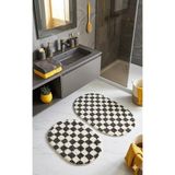 Eurobano Chess Dama Desenli 2'li Oval Bohem Banyo Paspası Lateks Kaymaz Makinede Yıkanabilir 60X100 60X50 cm - Kemik - Füme