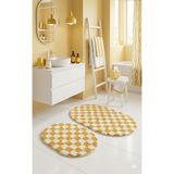 Eurobano Chess Dama Desenli 2'li Oval Bohem Banyo Paspası Lateks Kaymaz Makinede Yıkanabilir 60X100 60X50 cm - Kemik - Hardal