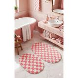 Eurobano Chess Dama Desenli 2'li Oval Bohem Banyo Paspası Lateks Kaymaz Makinede Yıkanabilir 60X100 60X50 cm - Kemik - Pembe