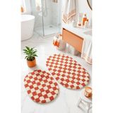 Eurobano Chess Dama Desenli 2'li Oval Bohem Banyo Paspası Lateks Kaymaz Makinede Yıkanabilir 60X100 60X50 cm - Kemik - Somon