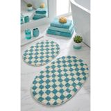 Eurobano Chess Dama Desenli 2'li Oval Bohem Banyo Paspası Lateks Kaymaz Makinede Yıkanabilir 60X100 60X50 cm - Kemik - Turkuaz