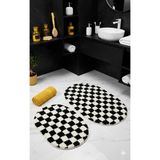 Eurobano Chess Dama Desenli 2'li Oval Bohem Banyo Paspası Lateks Kaymaz Makinede Yıkanabilir 60X100 60X50 cm - Siyah - Krem