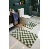 Eurobano Chess Dama Desenli Lateks Kaymaz Taban Makinede Yıkanabilir 2'li Bohem Banyo Paspası 60X100 60X50 - Kemik - Çağla Yeşili