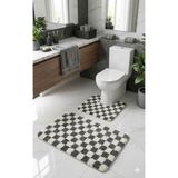 Eurobano Chess Dama Desenli Lateks Kaymaz Taban Makinede Yıkanabilir 2'li Bohem Banyo Paspası 60X100 60X50 - Kemik - Füme