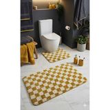 Eurobano Chess Dama Desenli Lateks Kaymaz Taban Makinede Yıkanabilir 2'li Bohem Banyo Paspası 60X100 60X50 - Kemik - Hardal