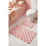 Eurobano Chess Dama Desenli Lateks Kaymaz Taban Makinede Yıkanabilir 2'li Bohem Banyo Paspası 60X100 60X50 - Kemik - Pembe