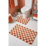 Eurobano Chess Dama Desenli Lateks Kaymaz Taban Makinede Yıkanabilir 2'li Bohem Banyo Paspası 60X100 60X50 - Kemik - Somon