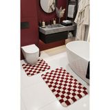 Eurobano Chess Dama Desenli Lateks Kaymaz Taban Makinede Yıkanabilir 2'li Bohem Banyo Paspası 60X100 60X50 - Kırmızı