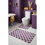 Eurobano Chess Dama Desenli Lateks Kaymaz Taban Makinede Yıkanabilir 2'li Bohem Banyo Paspası 60X100 60X50 - Mor