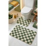 Eurobano Chess Dama Desenli Lateks Kaymaz Taban Makinede Yıkanabilir 2'li Bohem Banyo Paspası 80X50 50X40 cm - Kemik - Çağla Yeşili