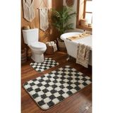 Eurobano Chess Dama Desenli Lateks Kaymaz Taban Makinede Yıkanabilir 2'li Bohem Banyo Paspası 80X50 50X40 cm - Kemik - Füme