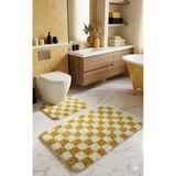 Eurobano Chess Dama Desenli Lateks Kaymaz Taban Makinede Yıkanabilir 2'li Bohem Banyo Paspası 80X50 50X40 cm - Kemik - Hardal