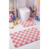 Eurobano Chess Dama Desenli Lateks Kaymaz Taban Makinede Yıkanabilir 2'li Bohem Banyo Paspası 80X50 50X40 cm - Kemik - Pembe