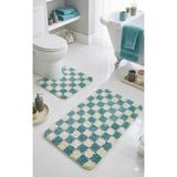Eurobano Chess Dama Desenli Lateks Kaymaz Taban Makinede Yıkanabilir 2'li Bohem Banyo Paspası 80X50 50X40 cm - Kemik - Turkuaz