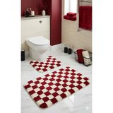 Eurobano Chess Dama Desenli Lateks Kaymaz Taban Makinede Yıkanabilir 2'li Bohem Banyo Paspası 80X50 50X40 cm - Kırmızı