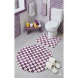 Eurobano Chess Dama Desenli Lateks Kaymaz Taban Makinede Yıkanabilir Daire ve Oyuk Yaka 2'li Banyo Paspası - Mor