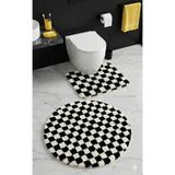 Eurobano Chess Dama Desenli Lateks Kaymaz Taban Makinede Yıkanabilir Daire ve Oyuk Yaka 2'li Banyo Paspası - Siyah - Krem