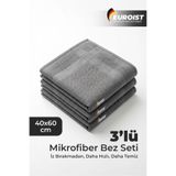 Euroist 3’lü Mikrofiber Cam Bezi 40x60 cm Gri | İz Bırakmaz, Tüylenmez, Çok Amaçlı Sihirli Temizlik Bezi Çamaşır Suyuna Dayanıklı