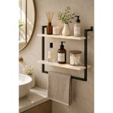 Euromob 2 Katlı Banyo Rafı Havlu Askılı 60x20 cm Duvara Monte Siyah Metal Ahşap Organizer Düzenleyici
