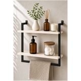 Euromob 2 Katlı Banyo Rafı Havlu Askılı 60x20 cm Duvara Monte Siyah Metal Ahşap Organizer Düzenleyici