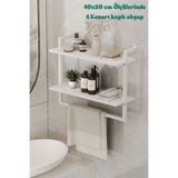 Euromob 40x20 cm Banyo Rafı Duvara Monte Havluluk 2 Katlı Dekoratif Düzenleyici Organizer Beyaz Metal