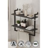 Euromob 40x20 cm Banyo Rafı Duvara Monte Havluluk 2 Katlı Dekoratif Düzenleyici Organizer Siyah Metal