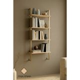 Euromob 60x20 cm, 4 Raflı Kitaplık | Duvar Rafı & Mutfak, Banyo, Organizer, Gold Metal, Meşe Ahşap