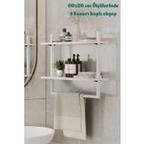 Euromob 60x20 cm Banyo Rafı Duvara Monte Havluluk 2 Katlı Dekoratif Düzenleyici Organizer Beyaz Metal