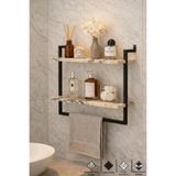 Euromob 60x20 cm, Beyaz Mermer Desenli, Banyo Rafı, Duvara Monte Havluluk, 2 Katlı, Siyah Metal