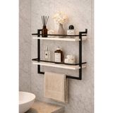 Euromob 60x20 cm, Beyaz Tahta, Banyo Rafı, Korkuluklu, Duvara Monte Havluluk, 2 Katlı, Siyah Metal