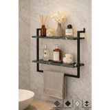 Euromob 60x20 cm, Siyah Mermer Desenli, Banyo Rafı, Duvara Monte Havluluk, 2 Katlı, Siyah Metal
