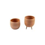 Ev Dekorasyon Yan Çizgi Desenli Terrakota Toprak Saksı Saksılık Salon Çiçeklik Ikili Set Ayaksız - 3 Ayaklı- 15 cm