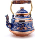 Eva Copper 1,6 Litre El Işlemeli Nostaljik Tekli Kalaylı Dövme Bakır Demlik, Çaydanlık, Su Isıtıcısı - Mavi - NO 1