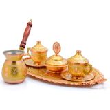 Eva Copper 2 Kişilik Işlemeli Cezveli Bakır Fincan Seti, Takımı ( Tepsi + Lokumluk + 2 Adet Fincan + Cezve ) - Altın