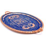 Eva Copper 23X34 cm Oval, Işlemeli, Pirinç Saplı Kalın Bakır Çay ve Kahve Sunum, Servis Tepsisi - 34 x 23 Cm - Mavi