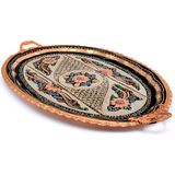 Eva Copper 23X34 cm Oval, Işlemeli, Pirinç Saplı Kalın Bakır Çay ve Kahve Sunum, Servis Tepsisi - 34 x 23 Cm - Renkli