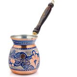 Eva Copper 3-5 Kişilik El Yapımı Işlemeli Kalaylı Kalın Bakır Kahve Cezvesi - Mavi - 400 ml