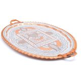Eva Copper 31X44 cm Oval, Işlemeli, Pirinç Saplı Kalın Bakır Çay ve Kahve Sunum, Servis Tepsisi - 44 x 31 Cm - Beyaz