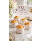 EvaniLife Pink Bow Serisi El Yapımı Seramik Sufle Kasesi 6'lı Set - Dondurma Çerezlik Sunum Kasesi - Fiyonk Desenli Pembe Kenarlı Fırın & Mikrodalga Uyumlu