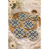 EvaniLife Seramik 6'lı Set Bardak Altlığı, Sunumluk El Yapımı Çini Desenli Dekoratif Kahve & Çay Altlığı