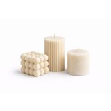 Evcikuş Soft Set – 3’lü Dekoratif Mum Seti, Bubble Ribbed ve Silindir Mum, Minimal Tasarım Hediye Seti